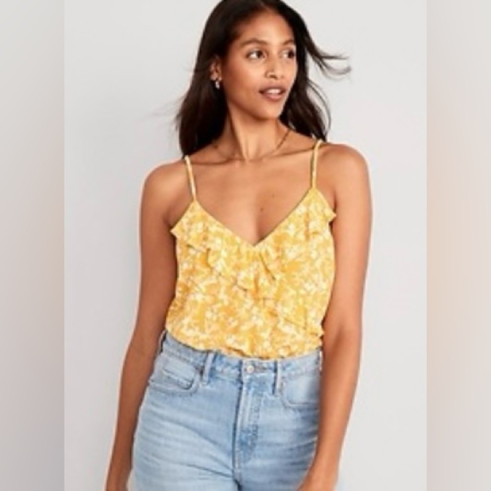NWT Mustard Yellow/White Floral Textured Ruffled Wrap-Effect Cami Tank Tank Top
